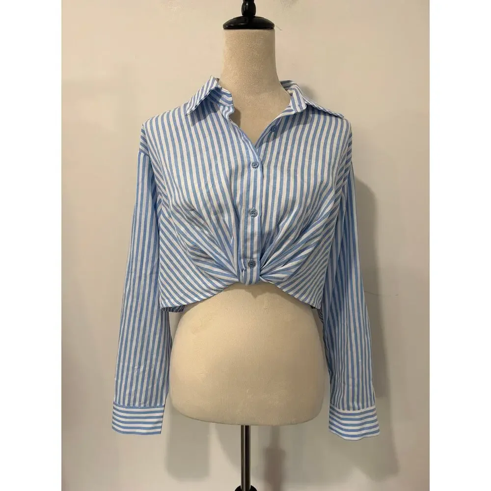 NWT Commense Matching Set Pinstripe Blue & White Crop Button Down & Short Size S